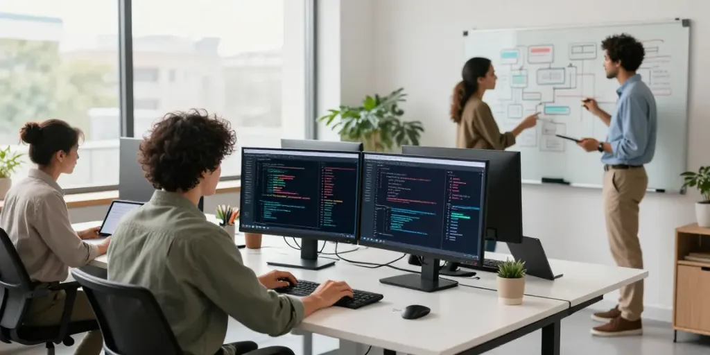 Collaborative team working on Enterprise AI solutions in a modern office setting.